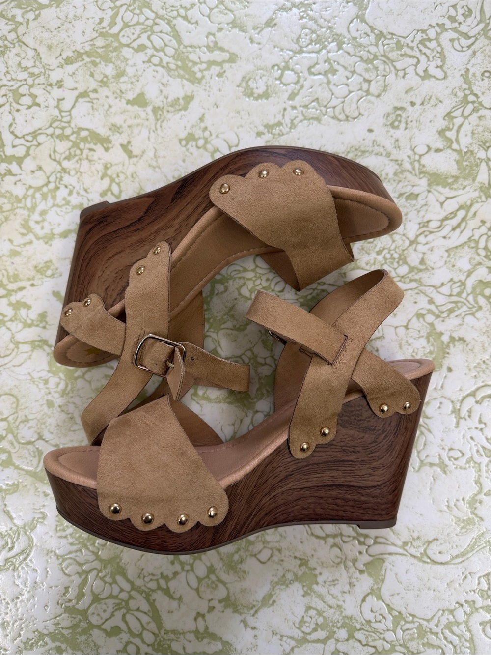 hippie laundry Tan Suede Wedge Sandals with Gold Studs